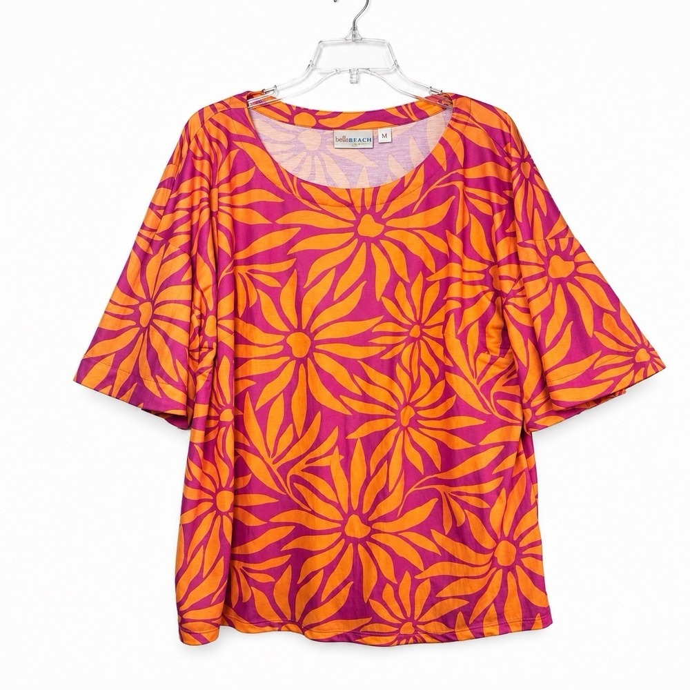 Belle Beach by Kim Gravel Floral Top Blouse Large Tropical Pink & Orange Resort